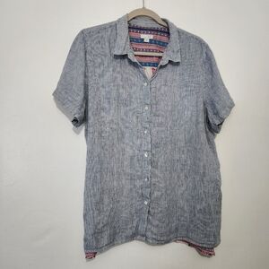 J. Jill Large Linen Cotton Striped Floral Back Button Down Blouse Blue White L